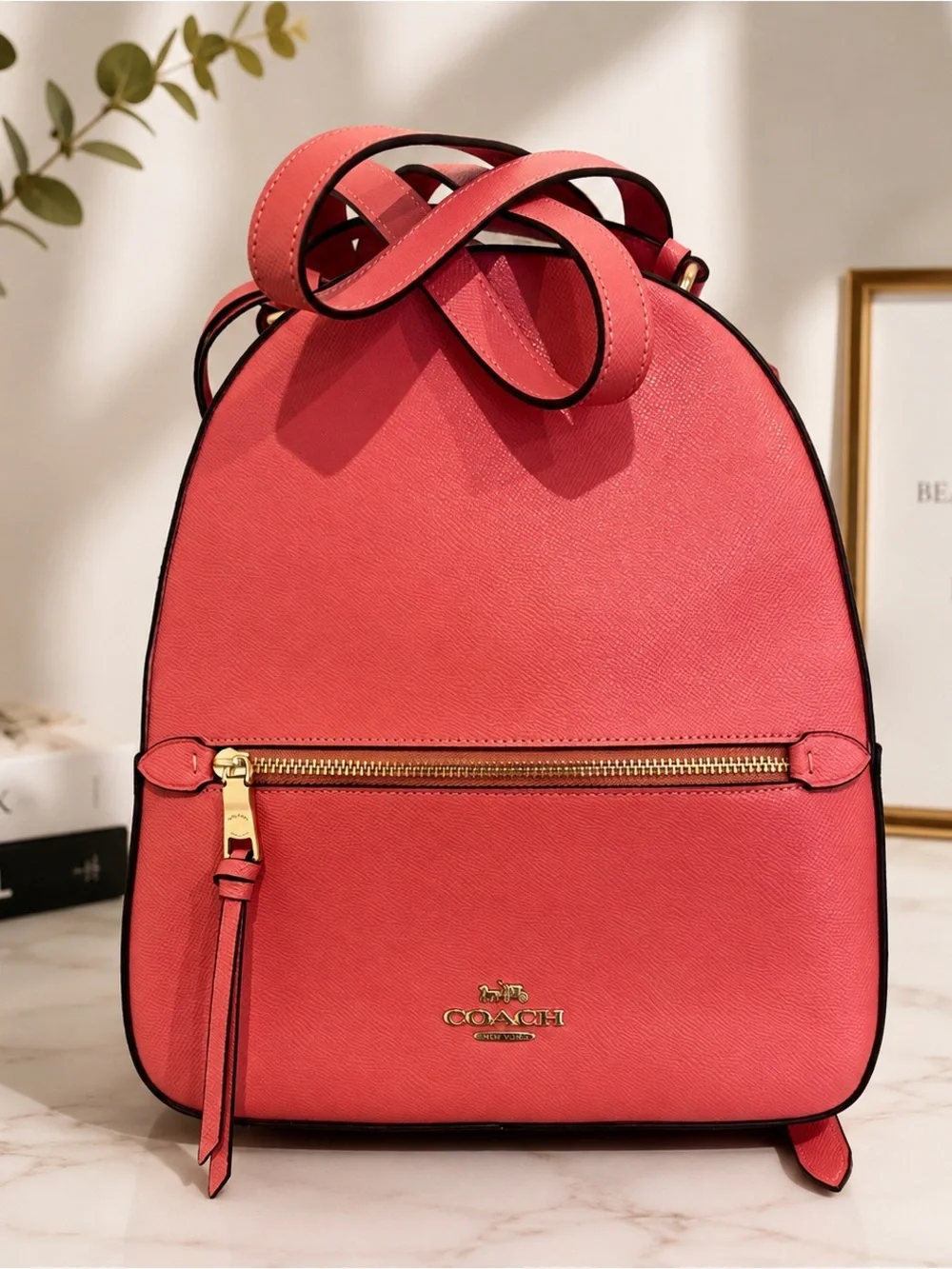 Coach Coral-Pink Leather Mini Backpack with Gold Hardware